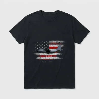 Combat Air Force Veteran T-Shirt – C-130 aircraft silhouette over American flag with C-130 text – Classic T-Shirt in Black