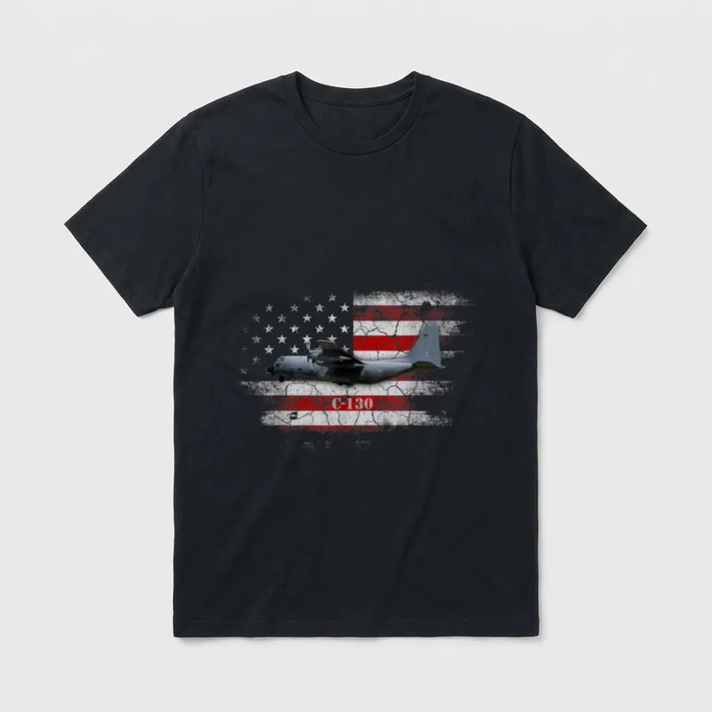 Combat Air Force Veteran T-Shirt – C-130 aircraft silhouette over American flag with C-130 text – Classic T-Shirt in Black