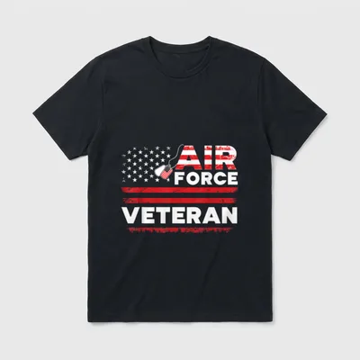 USAF Veteran T-Shirt – "AIR FORCE" and "VETERAN" in white text with flag and dog tags – Classic T-Shirt in Black