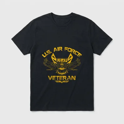 Military Veteran Vintage T-Shirt – U.S. AIR FORCE VETERAN text with eagle seal in distressed gold – Classic T-Shirt in Black