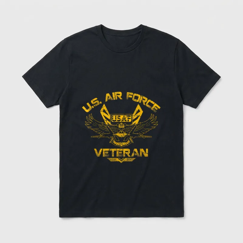 Military Veteran Vintage T-Shirt – U.S. AIR FORCE VETERAN text with eagle seal in distressed gold – Classic T-Shirt in Black