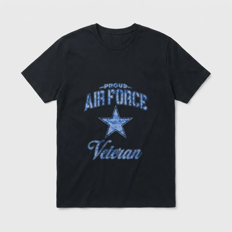Female Military Veteran Camo T-Shirt – Proud Air Force Veteran with digital camouflage and star – Classic T-Shirt in Black