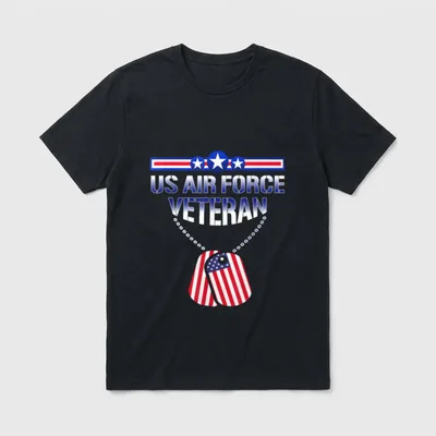 Vintage USAF Veteran T-Shirt – US AIR FORCE VETERAN with stars, stripes banner and dog tags – Classic T-Shirt in Black