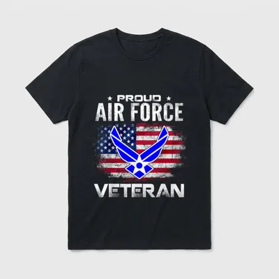 Proud Air Force T-Shirt – Proud Air Force Veteran text with insignia and American flag – Classic T-Shirt in Black
