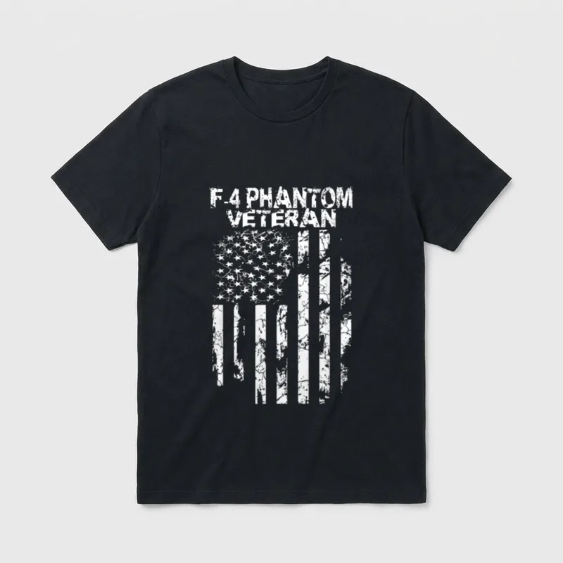 Air Force Phantom Pilot T-Shirt – F-4 PHANTOM VETERAN text with distressed American flag – Classic T-Shirt in Black