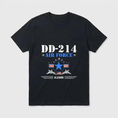 USAF Alumni Discharge T-Shirt – DD-214 AIR FORCE ALUMNI with jets and military insignia – Classic T-Shirt in Black