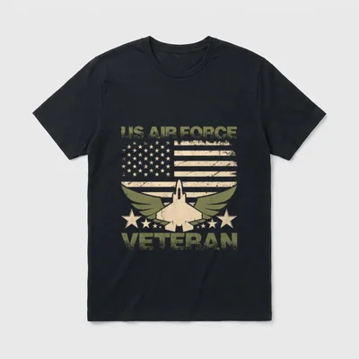 American Air Force Veteran T-Shirt – US AIR FORCE VETERAN with jet and flag – Classic T-Shirt in Black