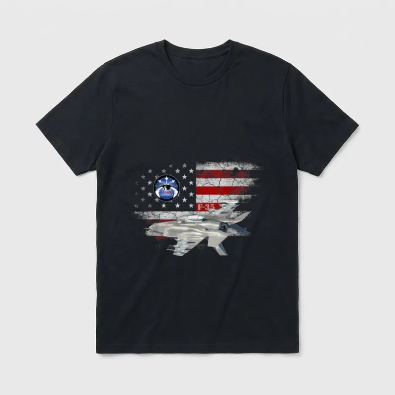 F-35 Air Force Veteran T-Shirt – Lightning II F-35 text with jet fighter and flag – Classic T-Shirt in Black