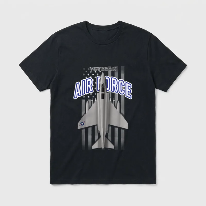 F-4 Phantom Pilot Veteran T-Shirt – Word VETERAN above AIR FORCE with F-4 Phantom overhead view – Classic T-Shirt in Black