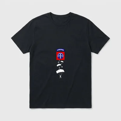 Airborne Veteran T-Shirt – AIRBORNE text with unit patch and descending parachutists – Classic T-Shirt in Black