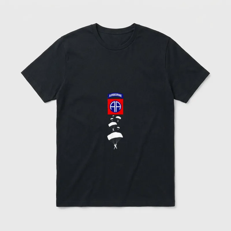 Airborne Veteran T-Shirt – AIRBORNE text with unit patch and descending parachutists – Classic T-Shirt in Black