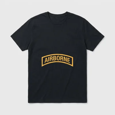 Airborne Tab Veteran T-Shirt – Gold curved Airborne tab with the word AIRBORNE on gray background – Classic T-Shirt in Black