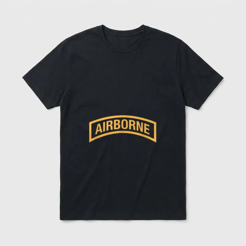 Airborne Tab Veteran T-Shirt – Gold curved Airborne tab with the word AIRBORNE on gray background – Classic T-Shirt in Black