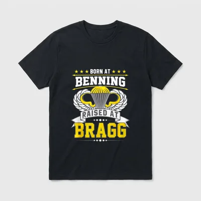 82nd Airborne Veteran T-Shirt – Born at Benning Raised at Bragg with airborne wings – Classic T-Shirt in Black