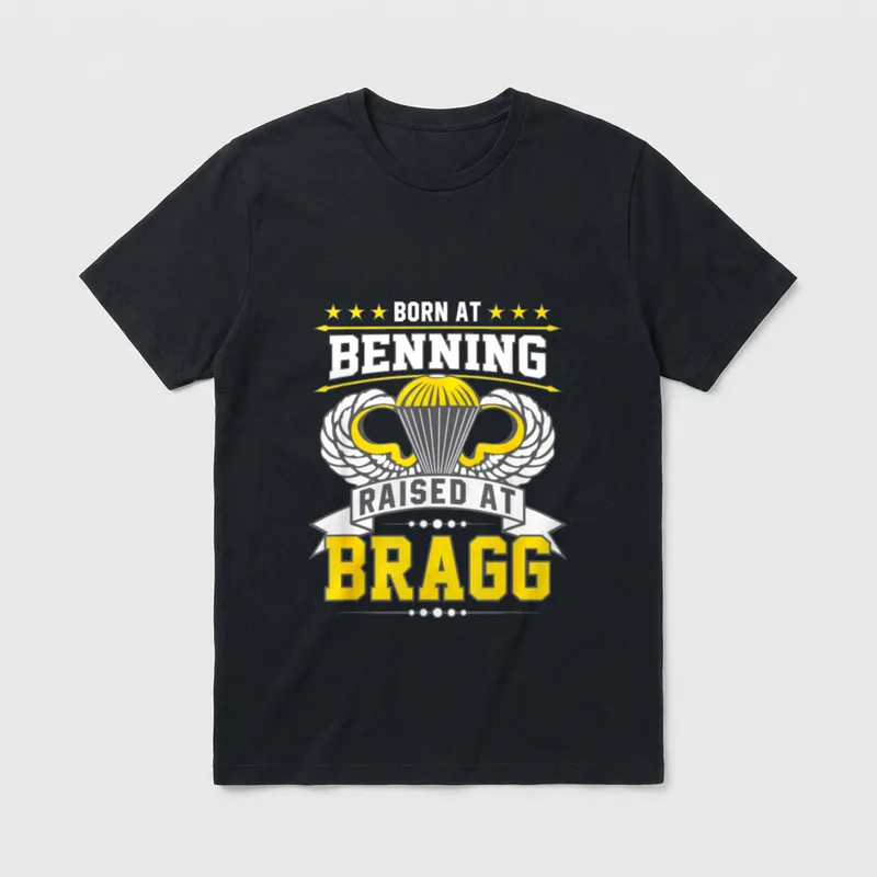 82nd Airborne Veteran T-Shirt – Born at Benning Raised at Bragg with airborne wings – Classic T-Shirt in Black