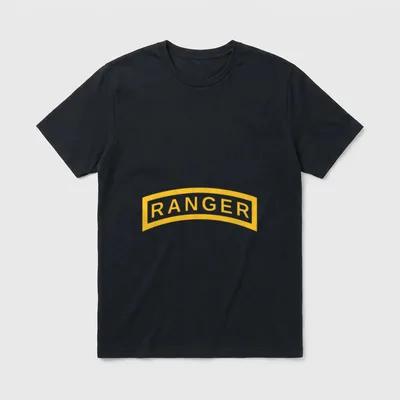 Army Ranger Yellow Tab T-Shirt – Yellow curved tab with RANGER text on gray background – Classic T-Shirt in Black