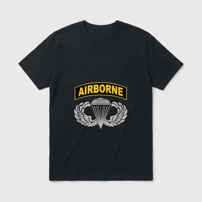 Airborne Infantry Paratrooper T-Shirt – Gold AIRBORNE tab above a winged parachute badge – Classic T-Shirt in Black