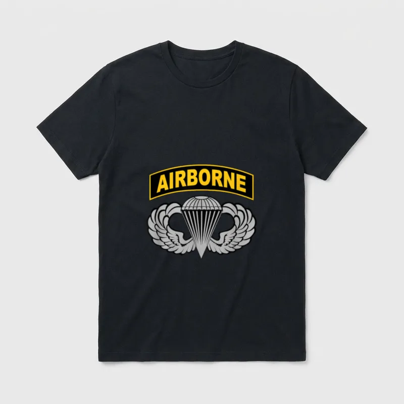 Airborne Infantry Paratrooper T-Shirt – Gold AIRBORNE tab above a winged parachute badge – Classic T-Shirt in Black