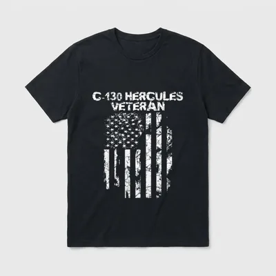 USAF Veterans and Airborne Military T-Shirt – "C-130 HERCULES VETERAN" text above distressed flag – Classic T-Shirt in Black