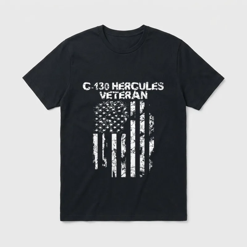USAF Veterans and Airborne Military T-Shirt – "C-130 HERCULES VETERAN" text above distressed flag – Classic T-Shirt in Black