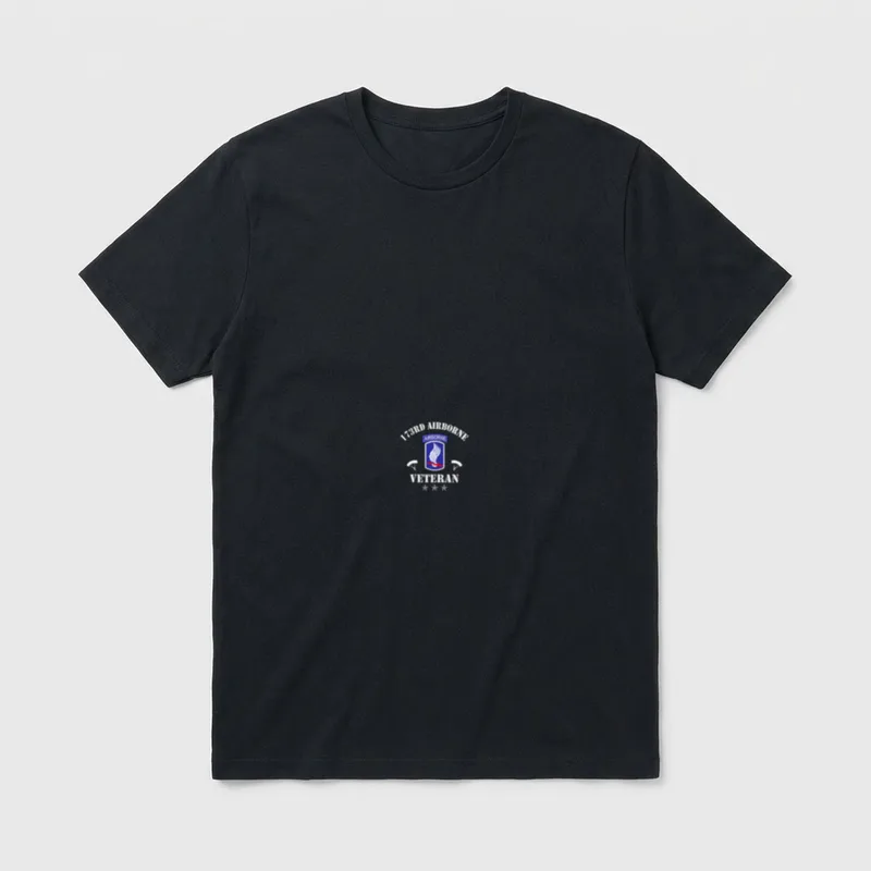 173rd Airborne Flag T-Shirt – 173RD AIRBORNE VETERAN text with unit patch and parachutes – Classic T-Shirt in Black