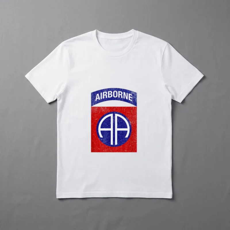 Patriotic Veteran Military Distressed T-Shirt – AIRBORNE text with 82nd Airborne Division patch – Classic T-Shirt in Black
