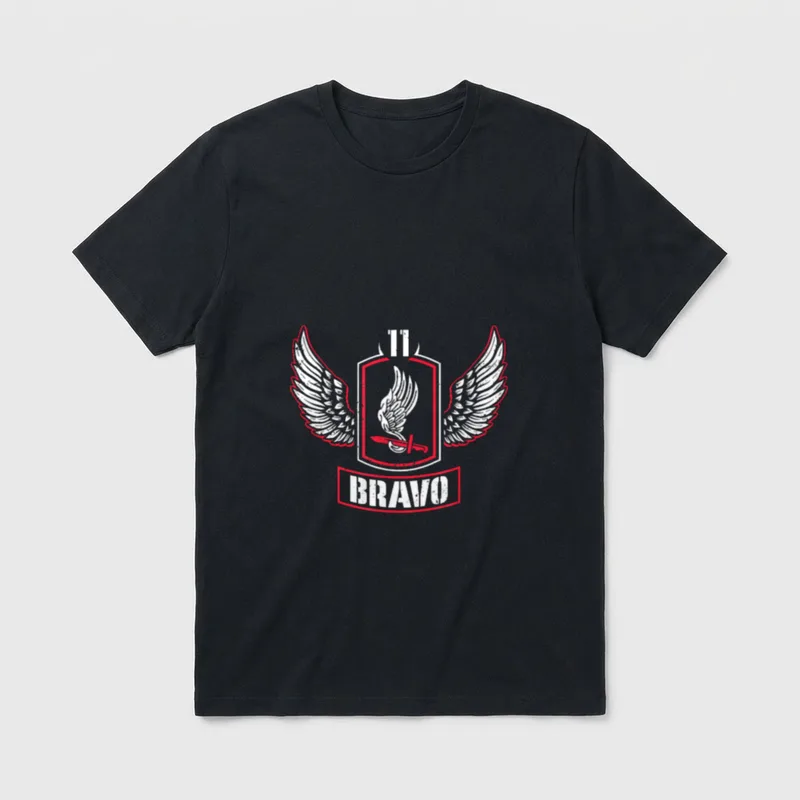 Airborne Combat Team Military T-Shirt – BRAVO text with airborne wings and shield insignia – Classic T-Shirt in Black