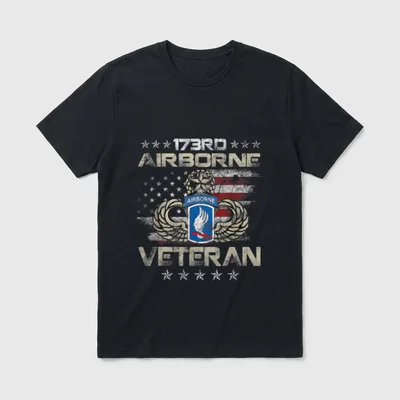 US Army 173rd Airborne T-Shirt – 173RD AIRBORNE VETERAN text with military insignia and wings – Classic T-Shirt in Black