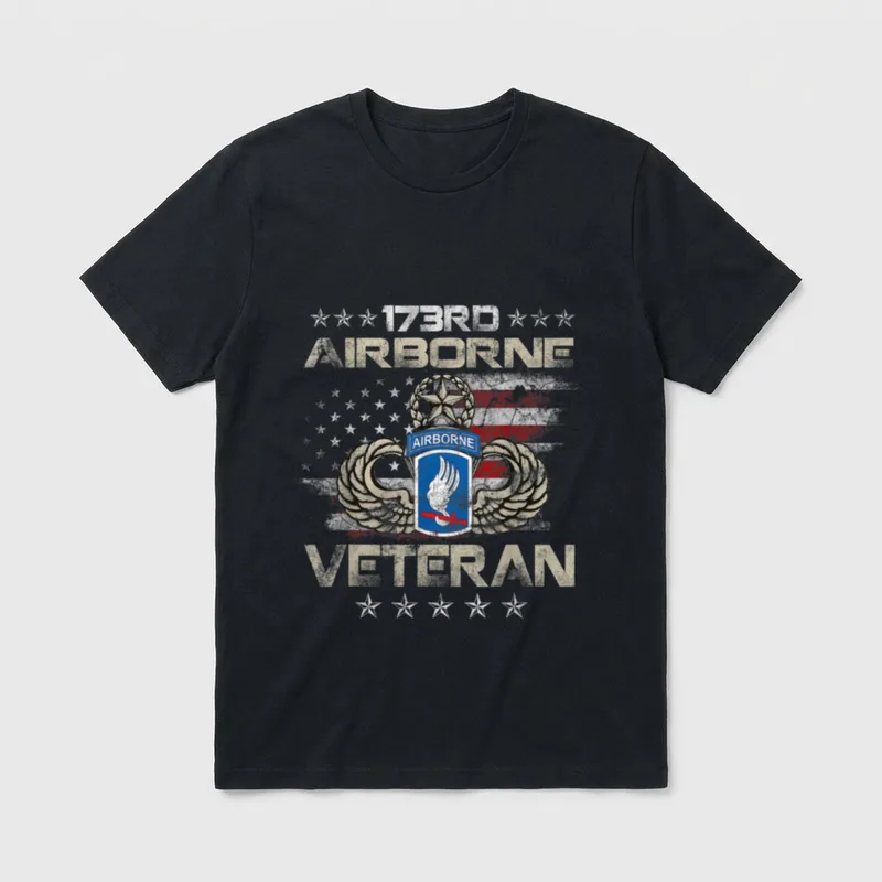US Army 173rd Airborne T-Shirt – 173RD AIRBORNE VETERAN text with military insignia and wings – Classic T-Shirt in Black