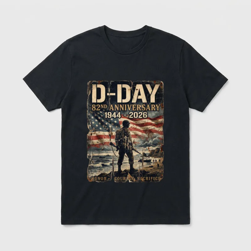 D-Day 82nd Anniversary T-Shirt – D-DAY 82ND ANNIVERSARY 1944–2026 HONOR · COURAGE · SACRIFICE – Classic T-Shirt in Black