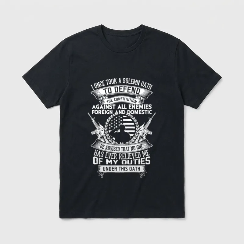 Army Veteran Constitution T-Shirt – Military oath text with soldier and flag surrounded by rifles – Classic T-Shirt in Black