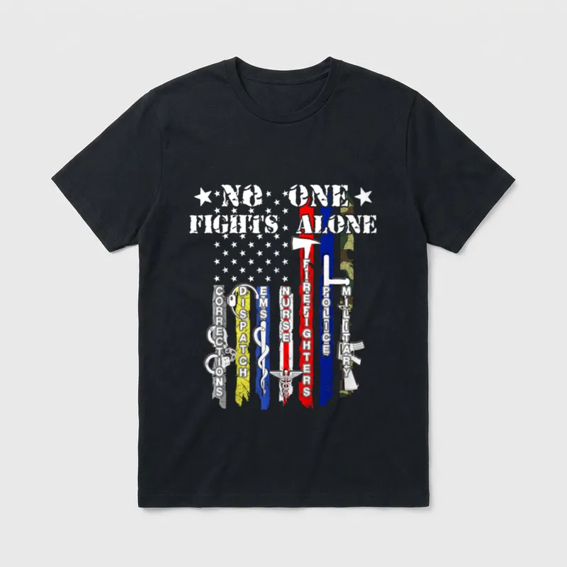 Veterans First Responders T-Shirt – No One Fights Alone with vertical stripes – Classic T-Shirt in Black