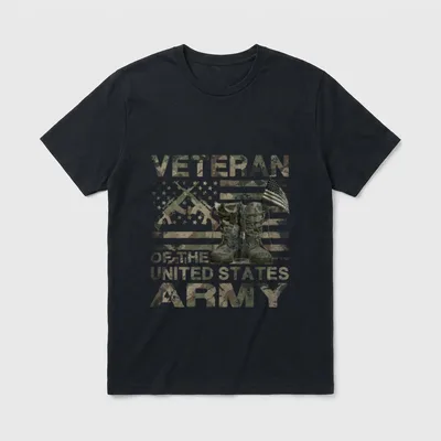 Distressed American Flag Camo T-Shirt – Veteran of the United States Army text with combat boots – Classic T-Shirt in Black