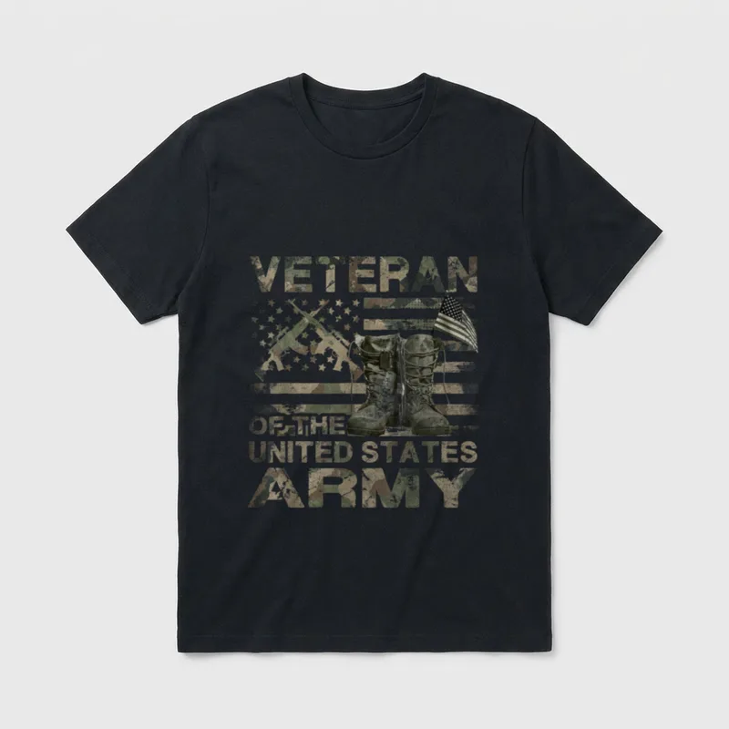 Distressed American Flag Camo T-Shirt – Veteran of the United States Army text with combat boots – Classic T-Shirt in Black