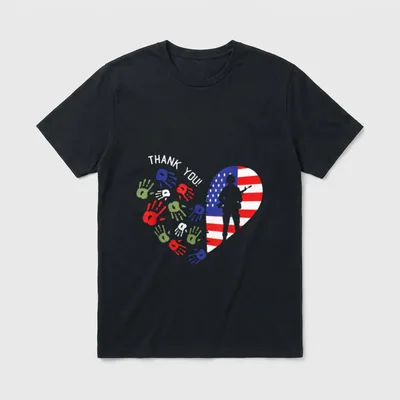 Veterans Day Thank You T-Shirt – THANK YOU text with patriotic heart and military figure – Classic T-Shirt in Black