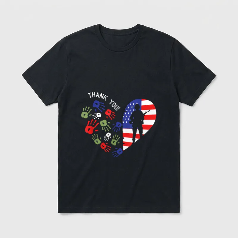 Veterans Day Thank You T-Shirt – THANK YOU text with patriotic heart and military figure – Classic T-Shirt in Black