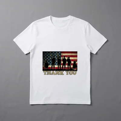 Patriotic Military Soldiers T-Shirt – THANK YOU text with soldier silhouettes and American flag – Classic T-Shirt in Black