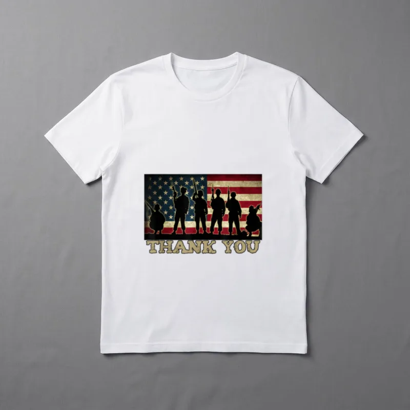 Patriotic Military Soldiers T-Shirt – THANK YOU text with soldier silhouettes and American flag – Classic T-Shirt in Black