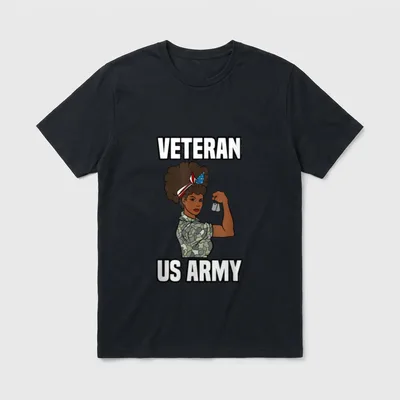 Female Army Veteran T-Shirt – VETERAN and US ARMY text with illustrated woman soldier in uniform – Classic T-Shirt in Black