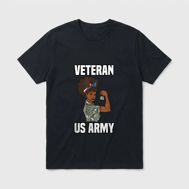 Female Army Veteran T-Shirt – VETERAN and US ARMY text with illustrated woman soldier in uniform – Classic T-Shirt in Black