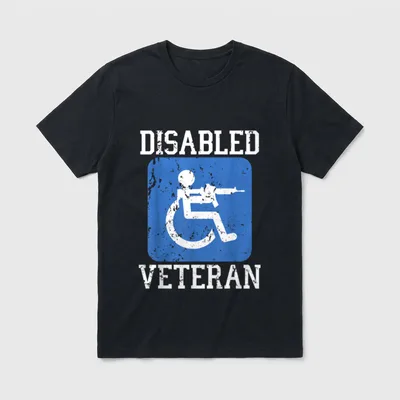 Disabled Veteran Shirt – White text reading DISABLED VETERAN with wheelchair soldier graphic – Classic T-Shirt in Black