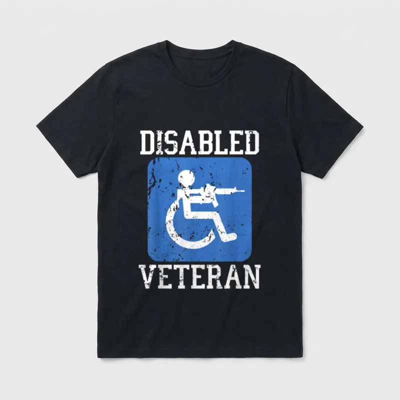 Disabled Veteran Shirt – White text reading DISABLED VETERAN with wheelchair soldier graphic – Classic T-Shirt in Black