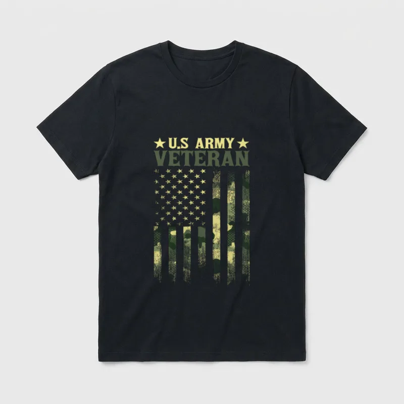 US Army Veteran Patriotic T-Shirt – "U.S ARMY VETERAN" with camouflage American flag – Classic T-Shirt in Black