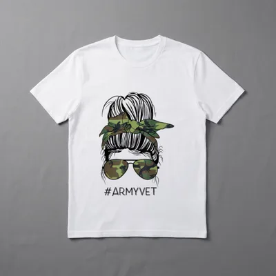 Army Veteran Messy Bun T-Shirt – #ARMYVET with messy bun woman in camo sunglasses – Classic T-Shirt in Black