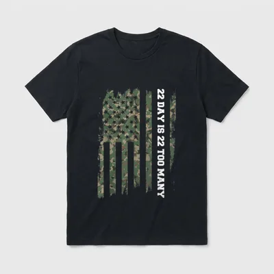 Army Veteran Mental Health T-Shirt – 22 DAY IS 22 TOO MANY printed vertically on camouflage flag – Classic T-Shirt in Black