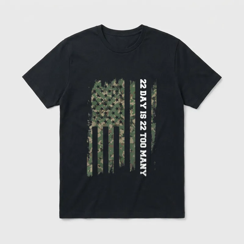 Army Veteran Mental Health T-Shirt – 22 DAY IS 22 TOO MANY printed vertically on camouflage flag – Classic T-Shirt in Black