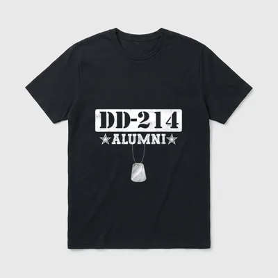 DD Alumni Veterans Patriotic T-Shirt – DD-214 ALUMNI text with military dog tags below – Classic T-Shirt in Black