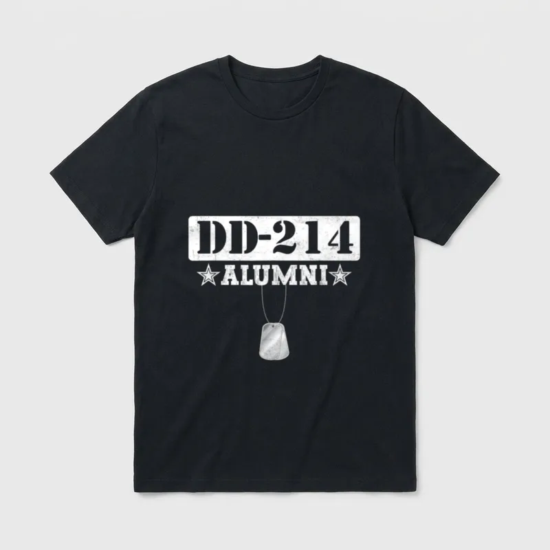 DD Alumni Veterans Patriotic T-Shirt – DD-214 ALUMNI text with military dog tags below – Classic T-Shirt in Black