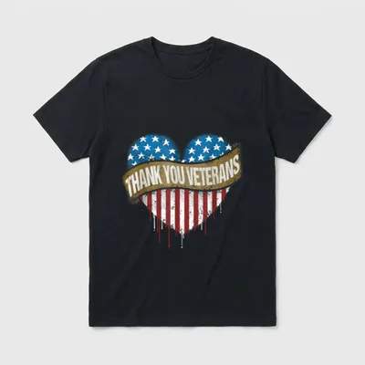 Veteran American Flag Heart T-Shirt – Heart in American flag colors with Thank You Veterans banner – Classic T-Shirt in Black