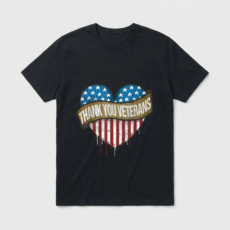 Veteran American Flag Heart T-Shirt – Heart in American flag colors with Thank You Veterans banner – Classic T-Shirt in Black
